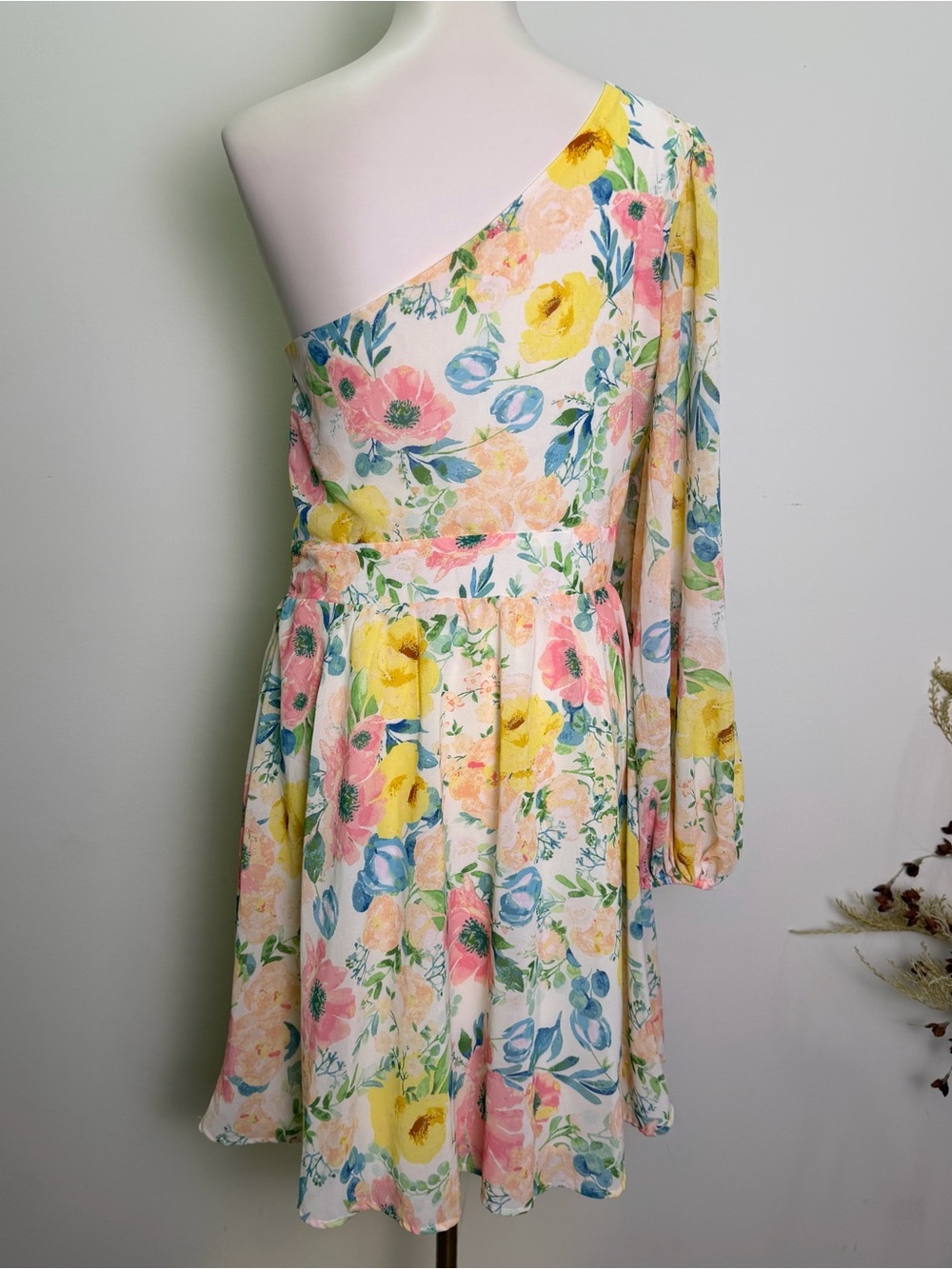 FLYING TOMATO Watercolor Floral One Shoulder Mini Dress Womens Large L Chiffon - Picture 4 of 8